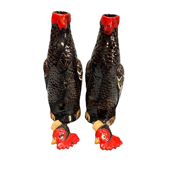 VTG Rooster Oil Vinegar Cruet Set Ceramic Farmhouse Kitchen Decor 7" Chickens - Picture 7 of 13